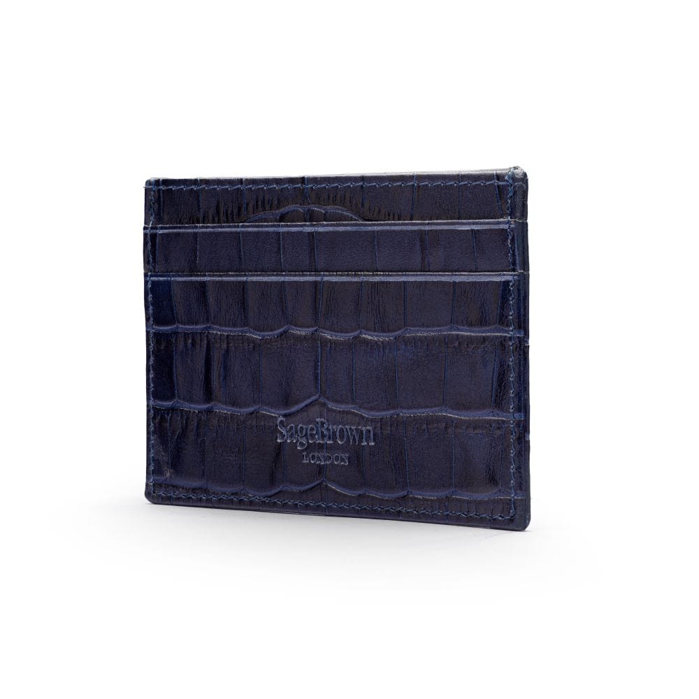 Flat leather credit card wallet 4 CC, navy croc, back