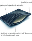 Flat leather credit card wallet 4 CC, navy croc, features