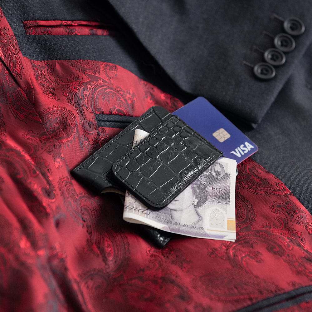 Flat magnetic leather money clip card holder, black croc, lifestyle