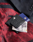 Flat magnetic leather money clip card holder, black croc, lifestyle