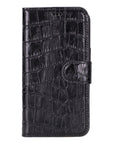 iPhone 15 case in leather with RFID, black croc, front