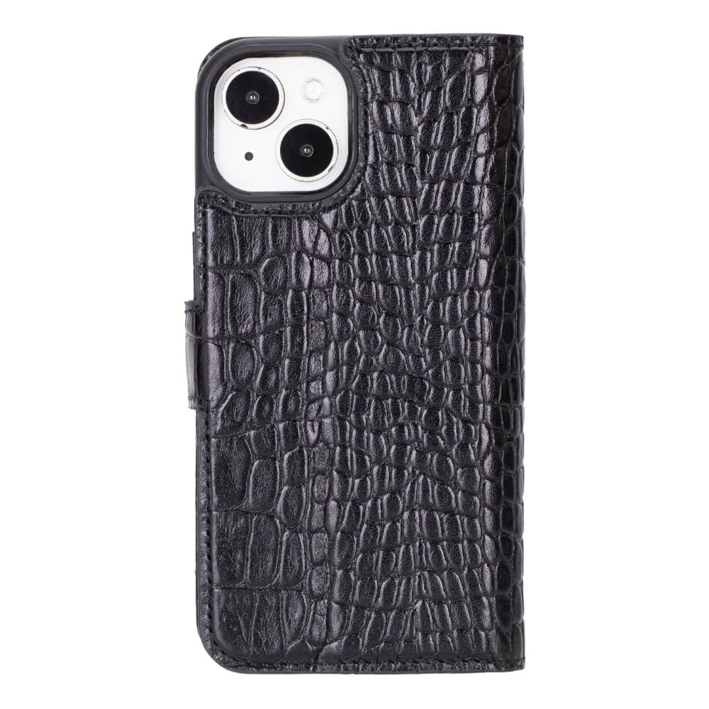 iPhone 15 case in leather with RFID, black croc, back