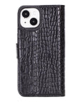 iPhone 15 case in leather with RFID, black croc, back