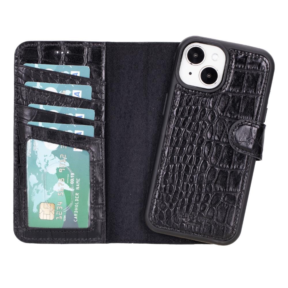 iPhone 15 case in leather with RFID, black croc