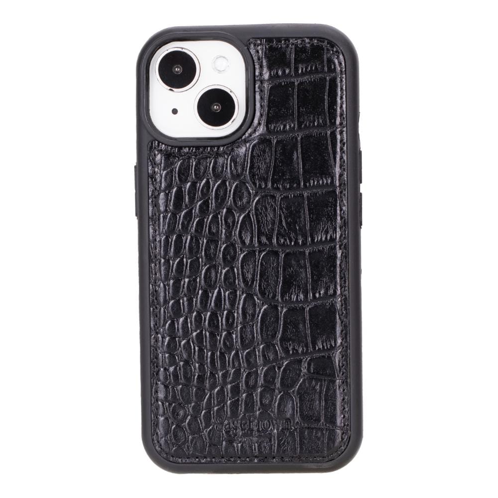 iPhone 15 case in leather with RFID, black croc, back cover