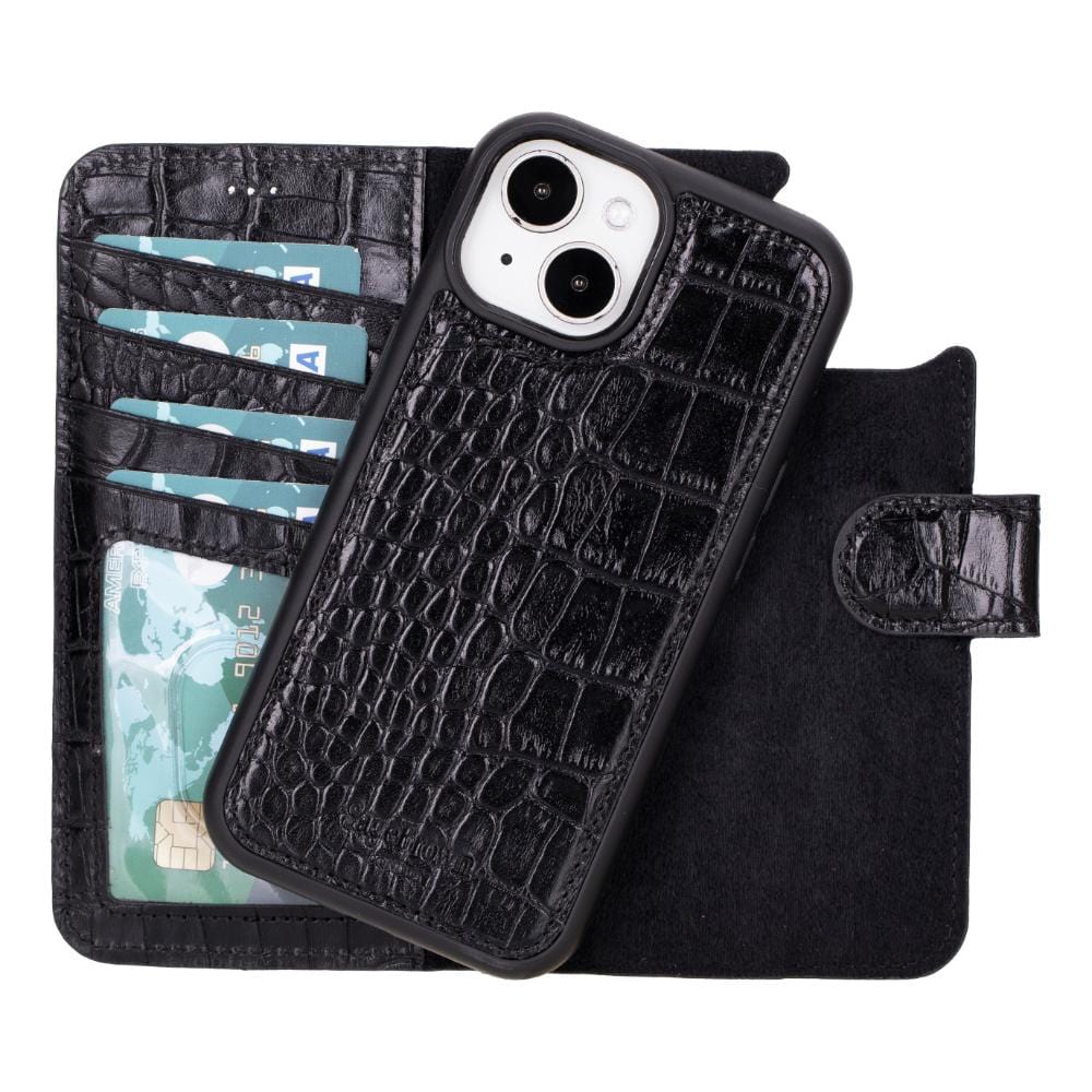 iPhone 15 case in leather with RFID, black croc, detachable phone case