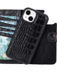 iPhone 15 case in leather with RFID, black croc, detachable phone case