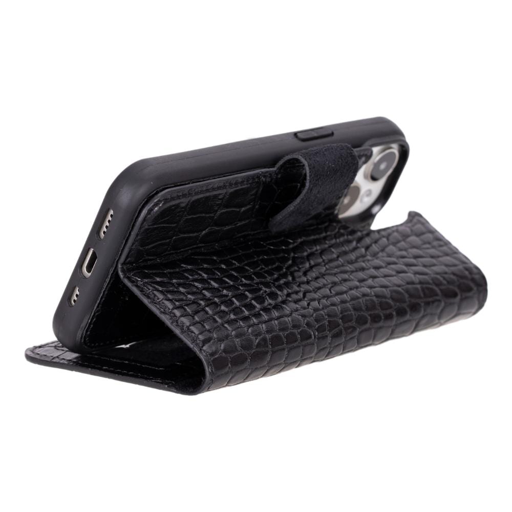 iPhone 15 case in leather with RFID, black croc, foldable design