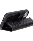 iPhone 15 case in leather with RFID, black croc, foldable design