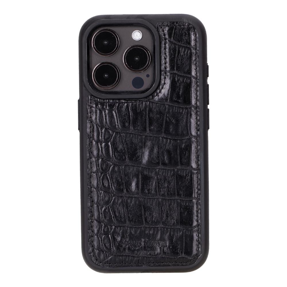 iPhone 15 Pro case in leather with RFID, black croc, back cover