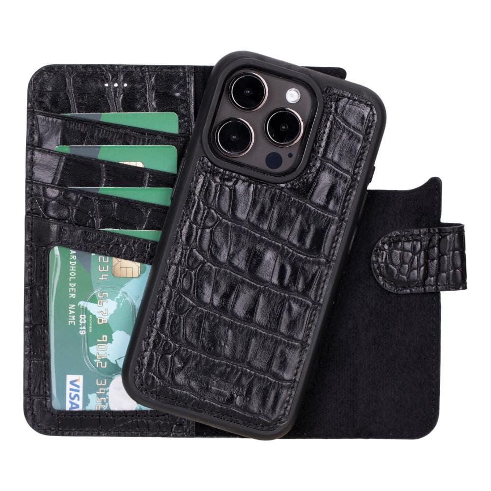 iPhone 15 Pro case in leather with RFID, black croc, detachable back cover