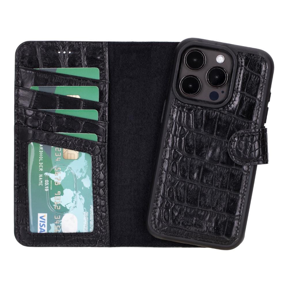 iPhone 15 Pro case in leather with RFID, black croc, inside