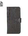 iPhone 15 Pro case in leather with RFID, black croc, front