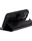 iPhone 15 Pro case in leather with RFID, black croc, foldable design