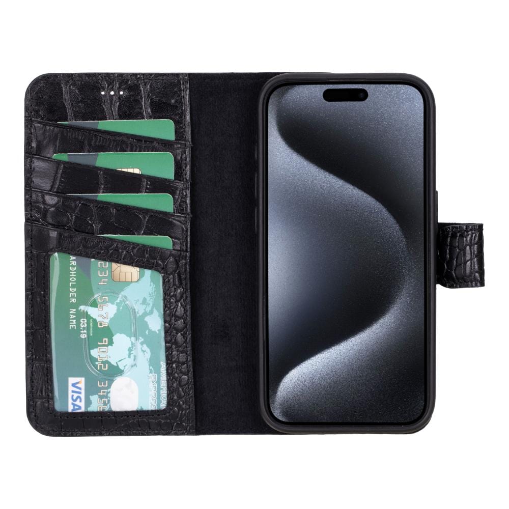 iPhone 15 Pro case in leather with RFID, black croc, inside