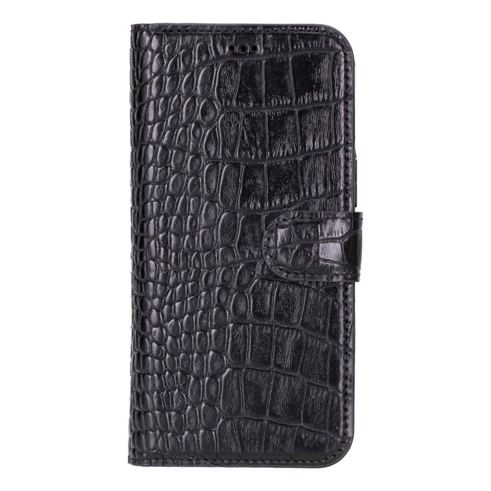 iPhone 15 Pro Max case in leather with RFID, black croc, front