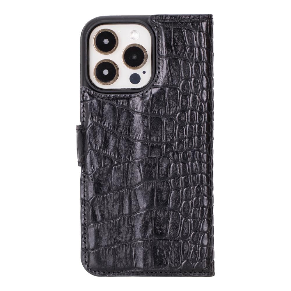 iPhone 15 Pro Max case in leather with RFID, black croc, back