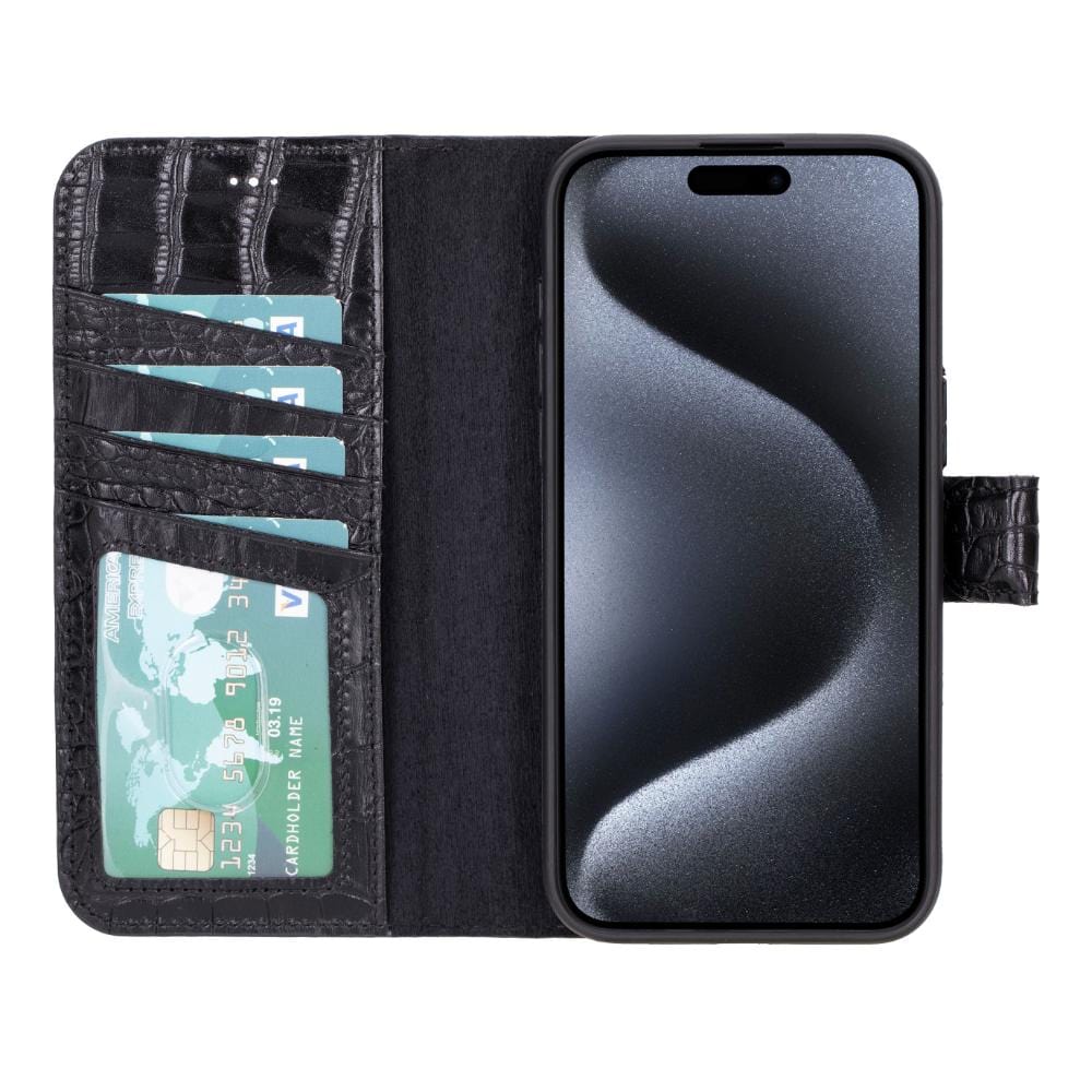 iPhone 15 Pro Max case in leather with RFID, black croc, inside