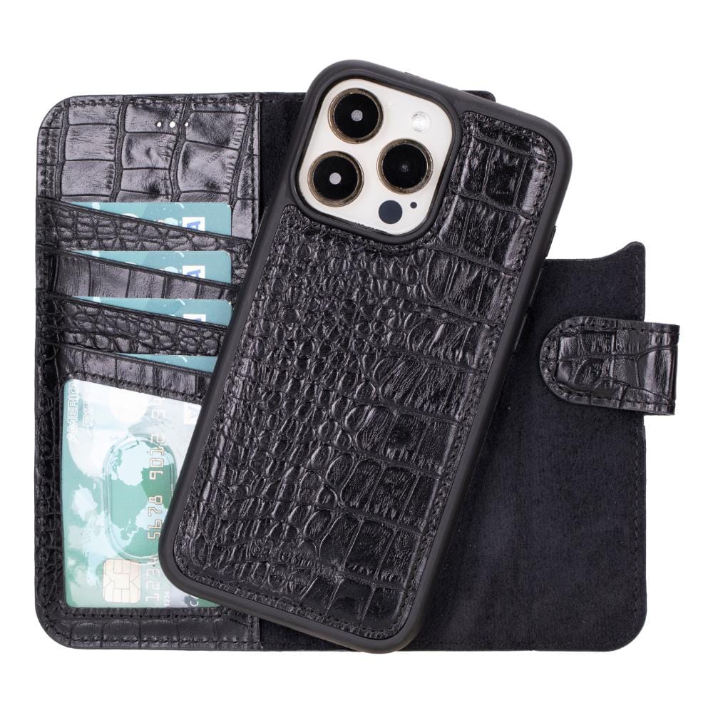 iPhone 15 Pro Max case in leather with RFID, black croc, with detachable back cover