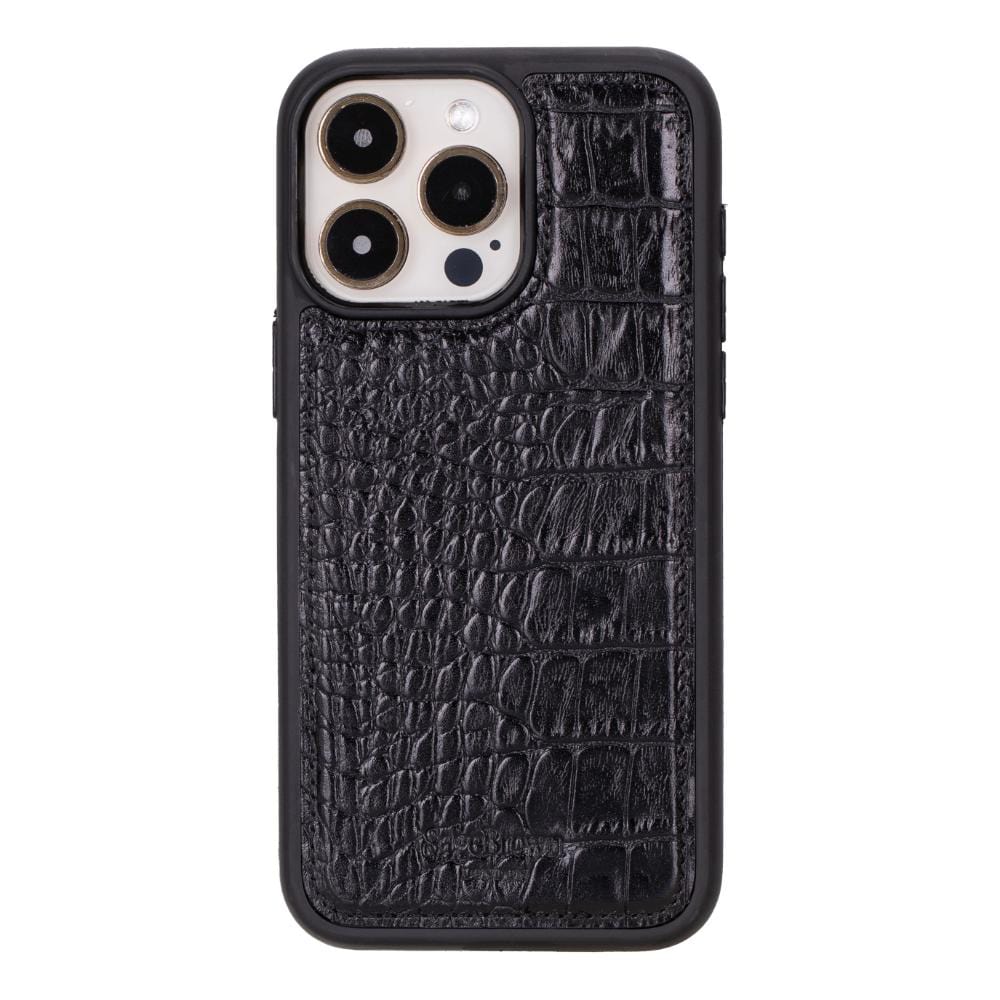 iPhone 15 Pro Max case in leather with RFID, black croc, back cover