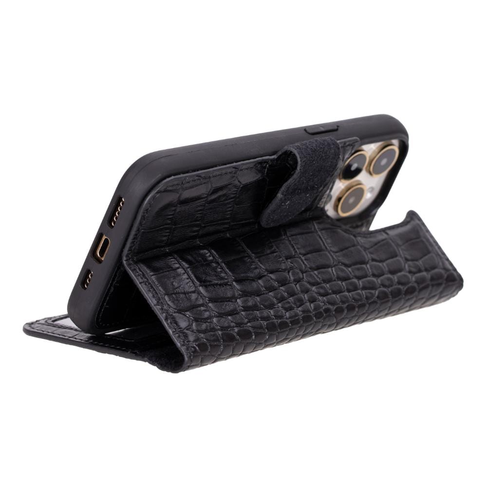 iPhone 15 Pro Max case in leather with RFID, black croc, foldable design