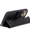 iPhone 15 Pro Max case in leather with RFID, black croc, foldable design