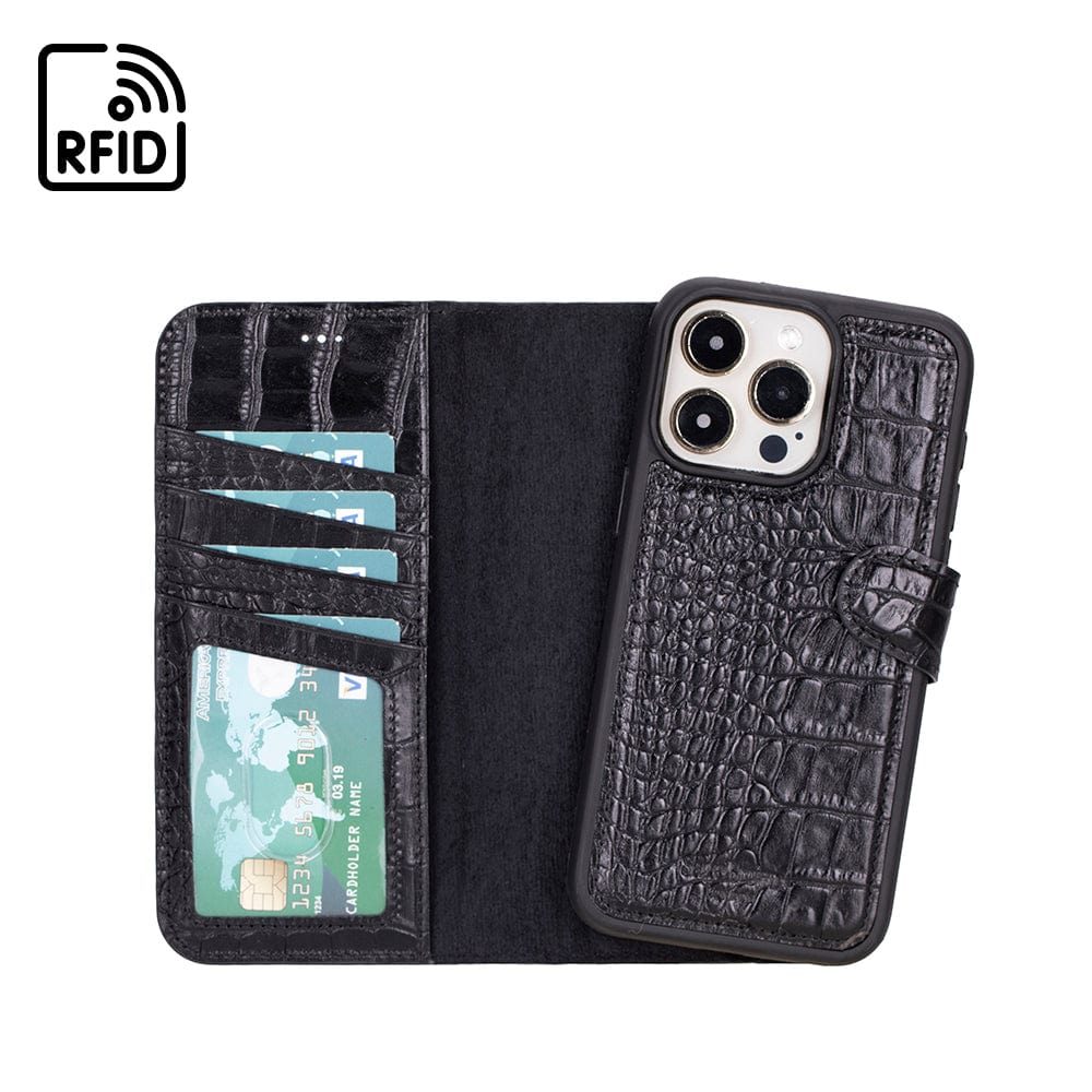 iPhone 15 Pro Max case in leather with RFID, black croc, inside