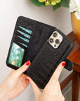 iPhone 15 Pro Max case in leather with RFID, black croc, lifestyle