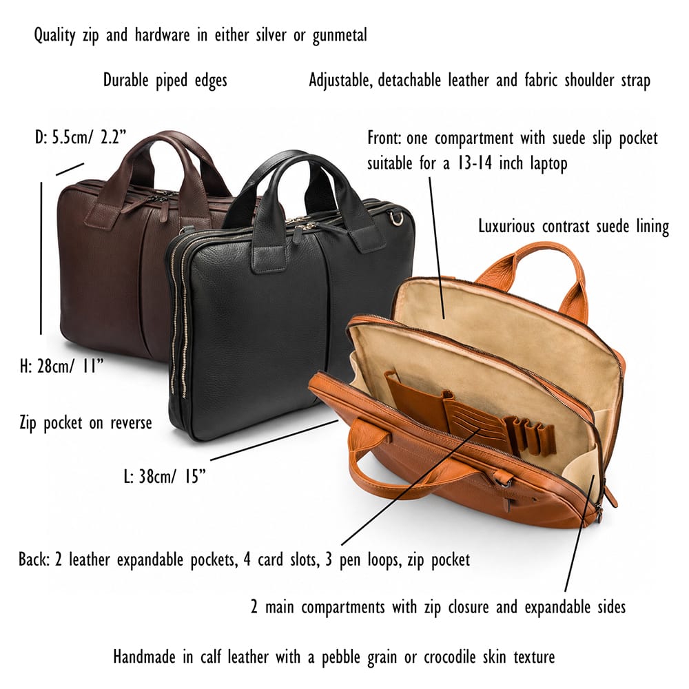 Leather 13" laptop briefcase, features and dimensions