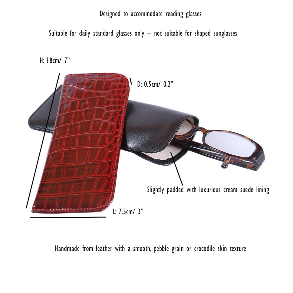 Large leather glasses case, features and dimensions