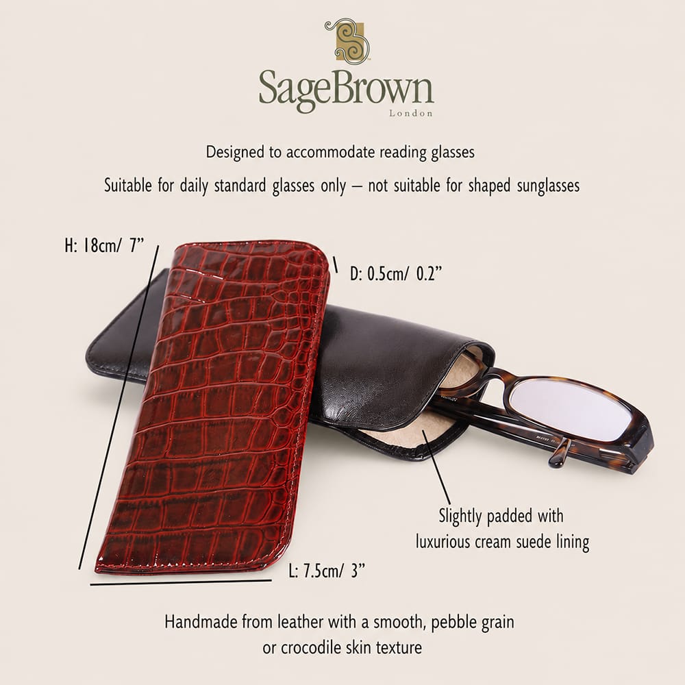 Large leather glasses case, features and dimensions