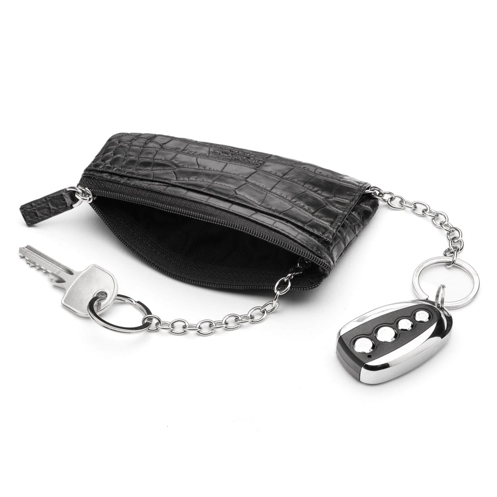 Large leather key case, black croc