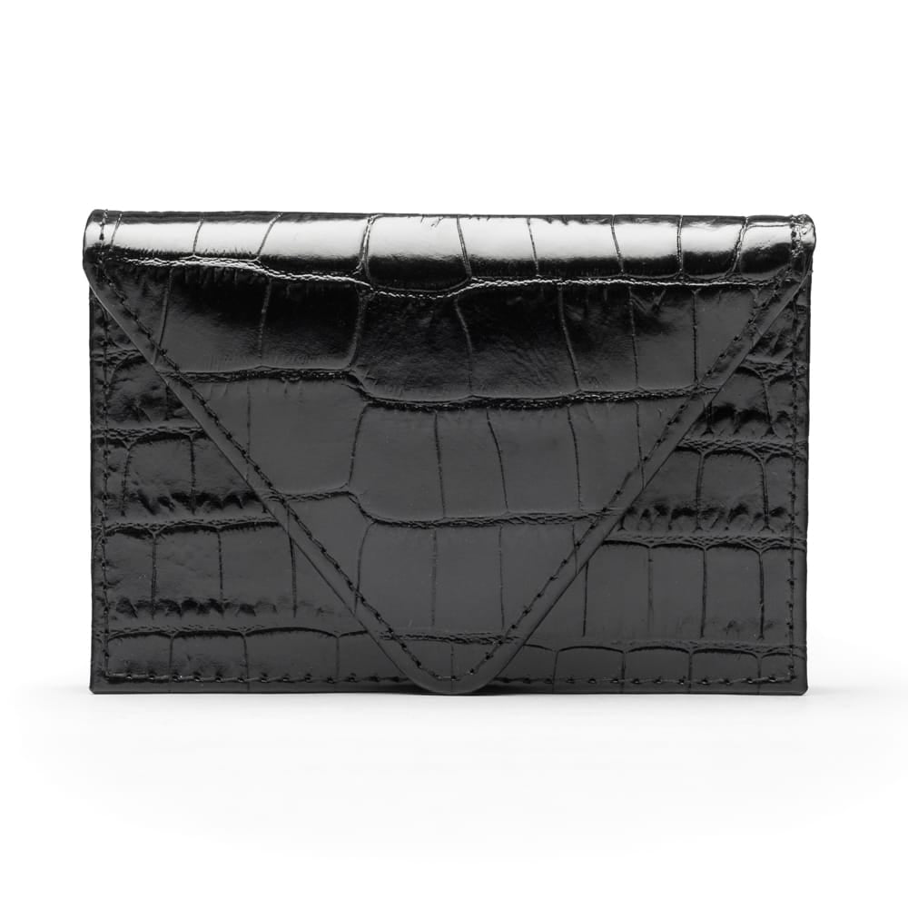 Leather business card envelope, black croc, front