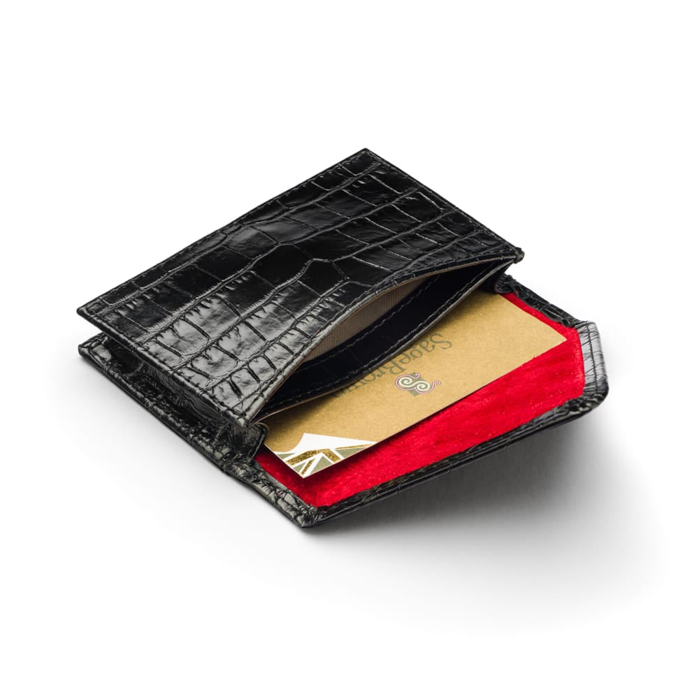 Leather business card envelope, black croc, inside