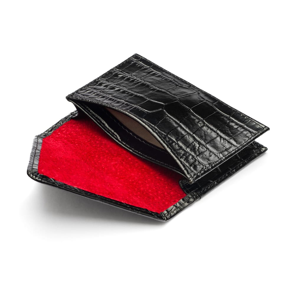 Leather business card envelope, black croc, open
