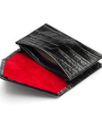 Leather business card envelope, black croc, open