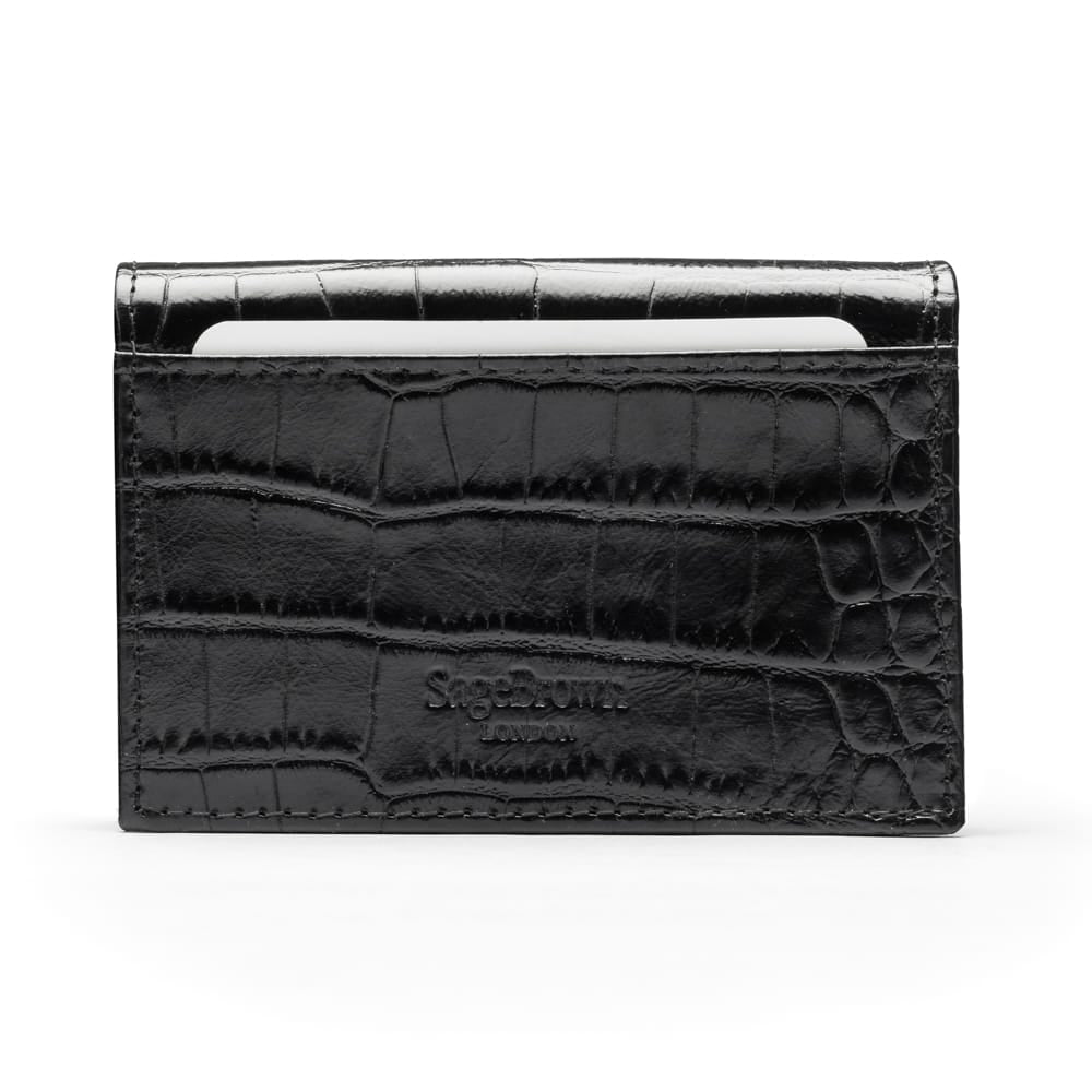 Leather business card holder, black croc, back