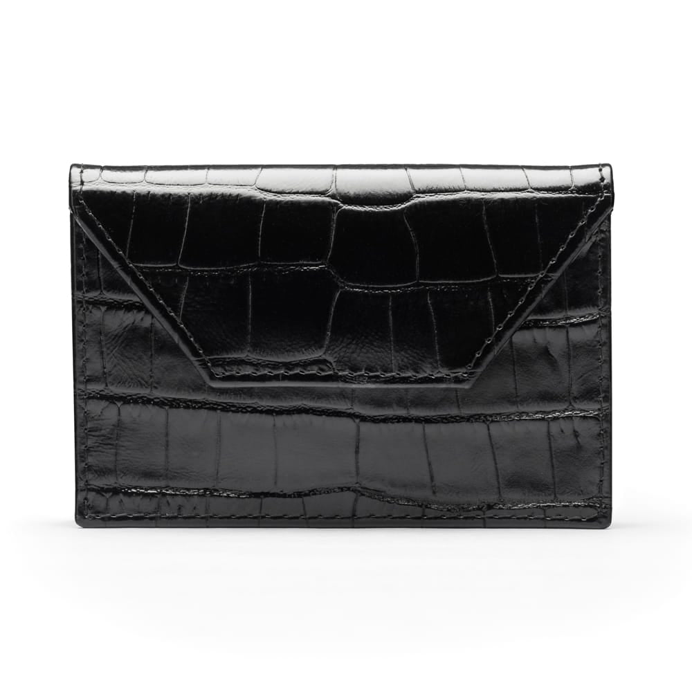 Leather business card holder, black croc, front