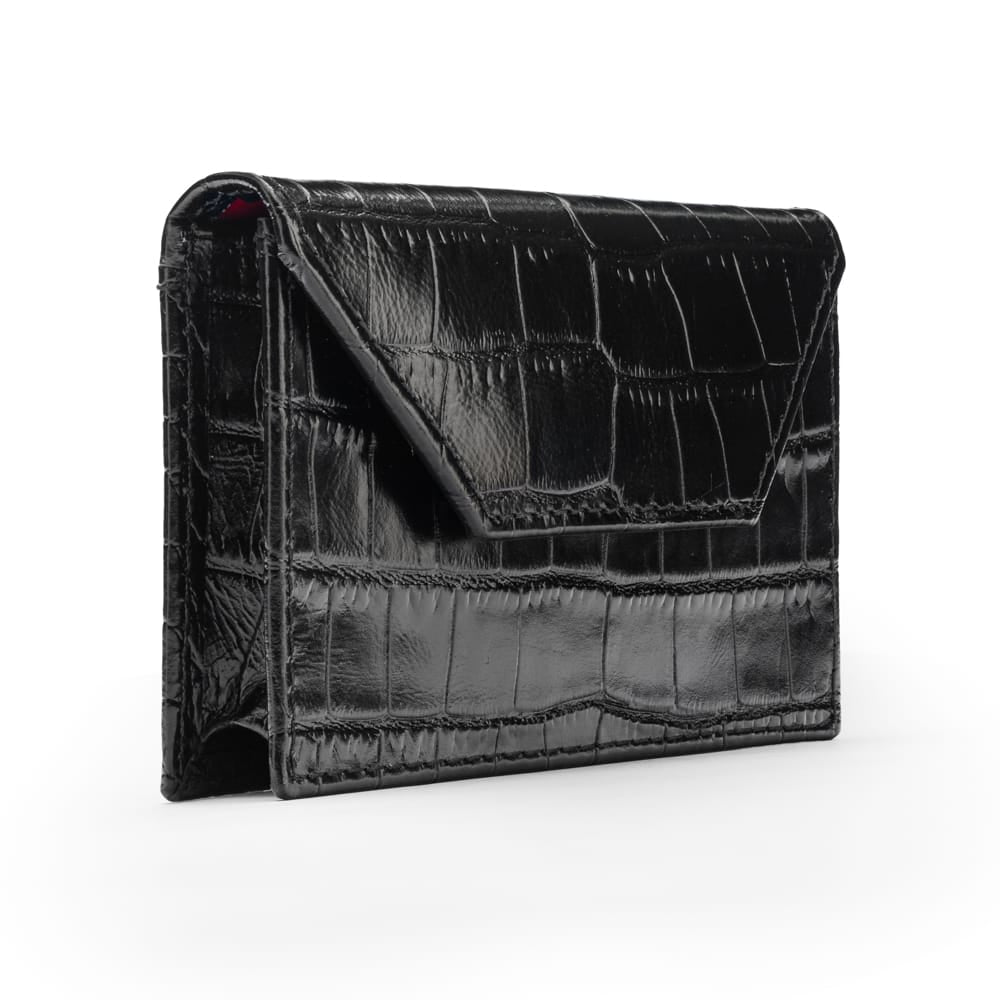 Leather business card holder, black croc, side