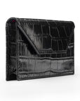 Leather business card holder, black croc, side