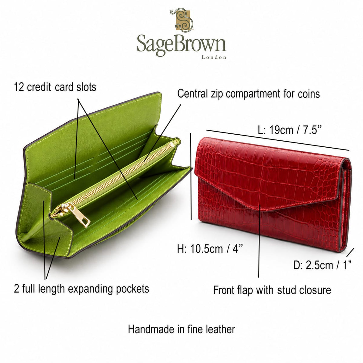 Leather accordion clutch purse with 12 card slots, features and dimensions