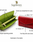 Leather accordion clutch purse with 12 card slots, features and dimensions