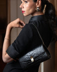 Leather clutch bag, black croc, lifestyle
