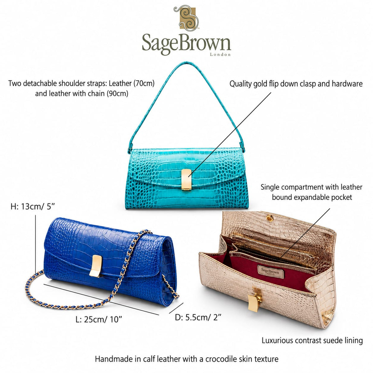Leather Clutch Bag, Melanie, features and dimensions