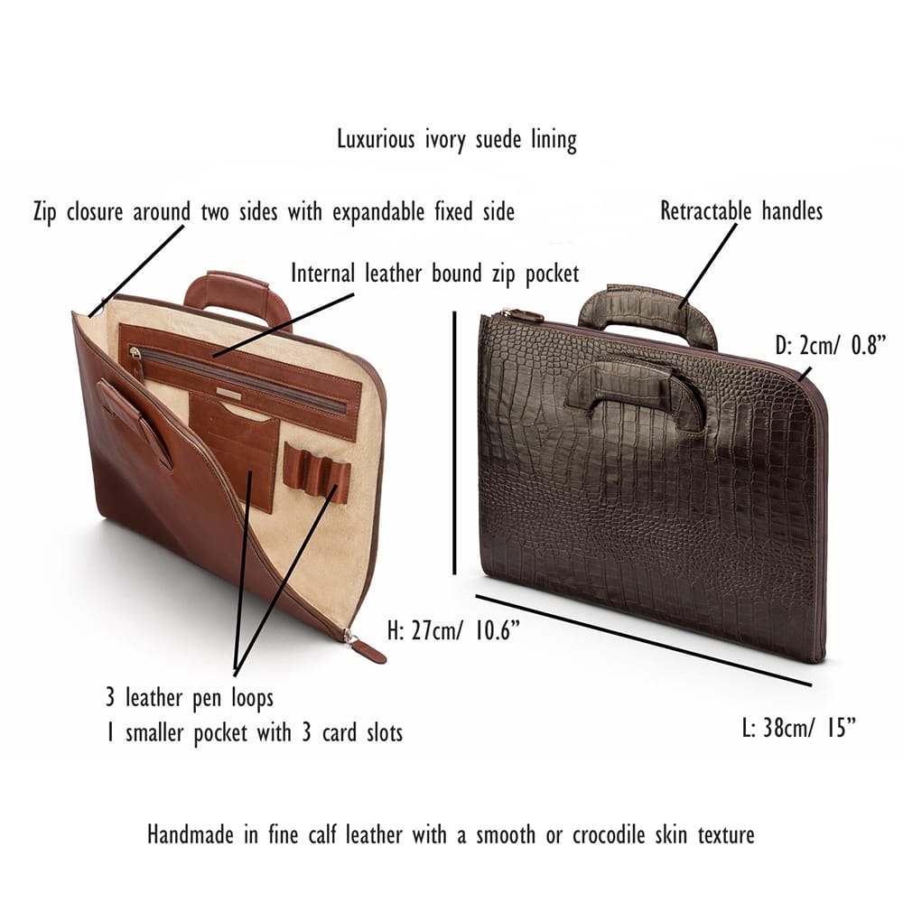 Leather document case with retractable handles, features and dimensions