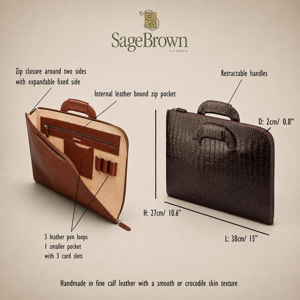 Leather document case with retractable handles, features and dimensions