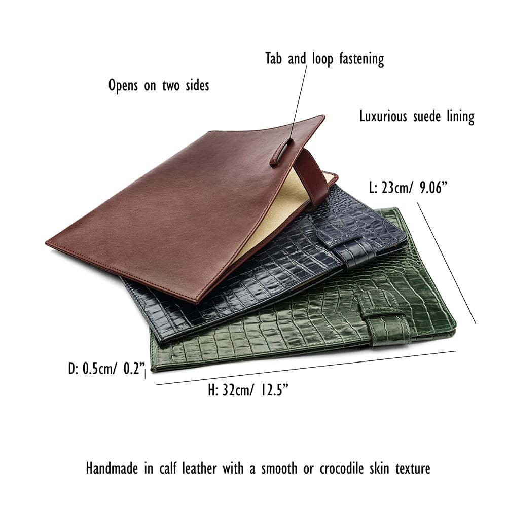 Leather document folder, features and dimensions