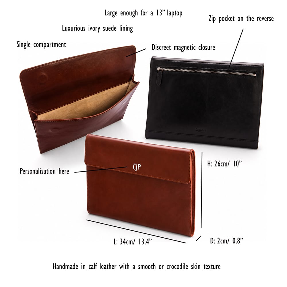 Leather envelope folder, features and dimensions