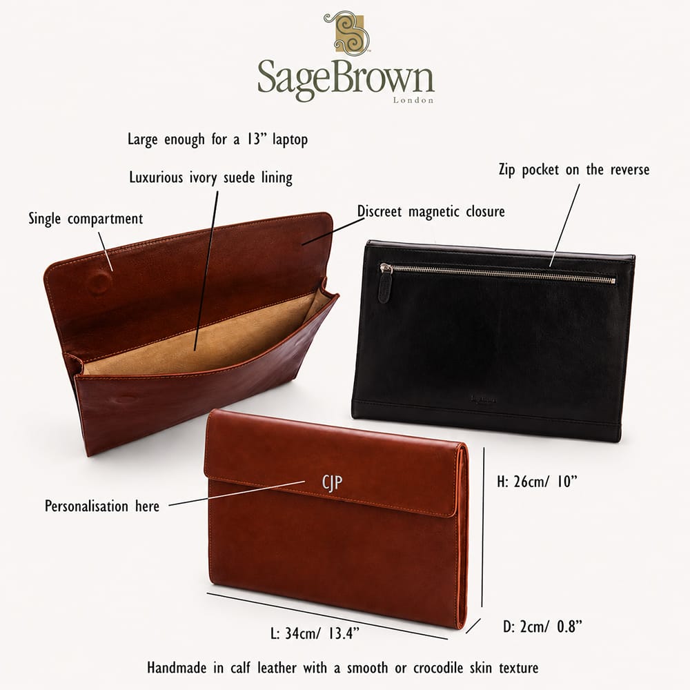 Leather envelope folder, features and dimensions