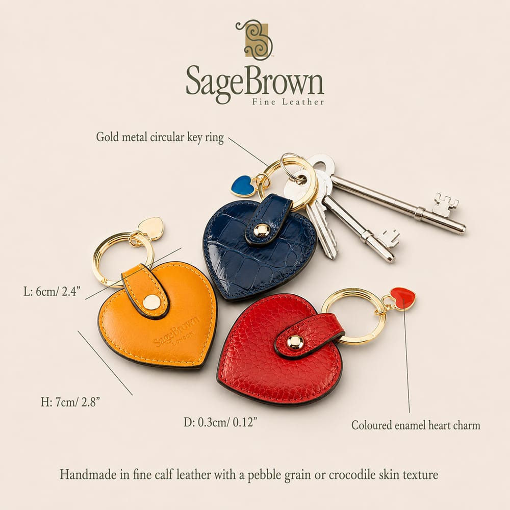 Leather heart shaped keyring, features and dimensions